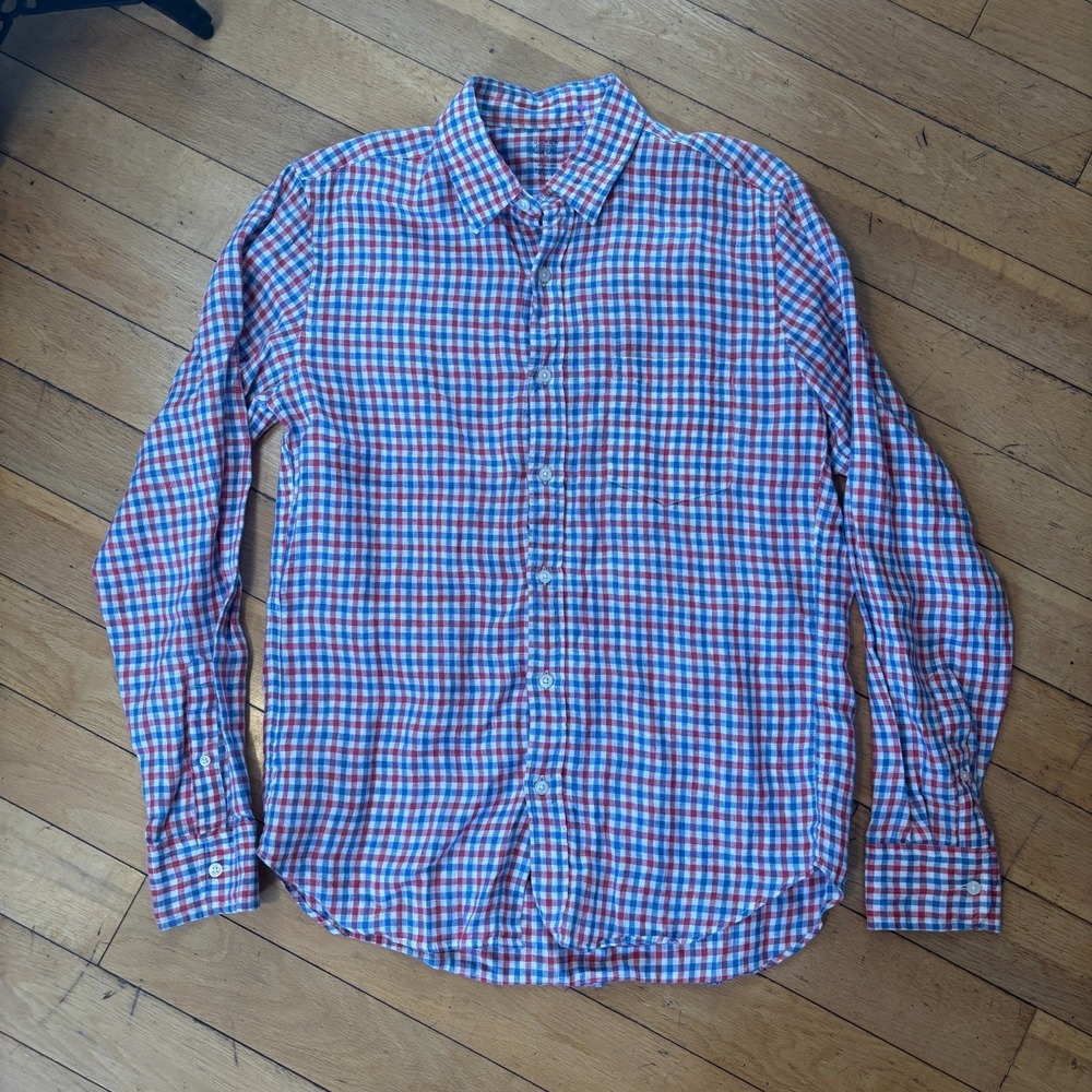JCrew Irish Linen Shirt Baird McNutt Mens M Slim Fit Plaid Red Blue - Picture 3 of 6